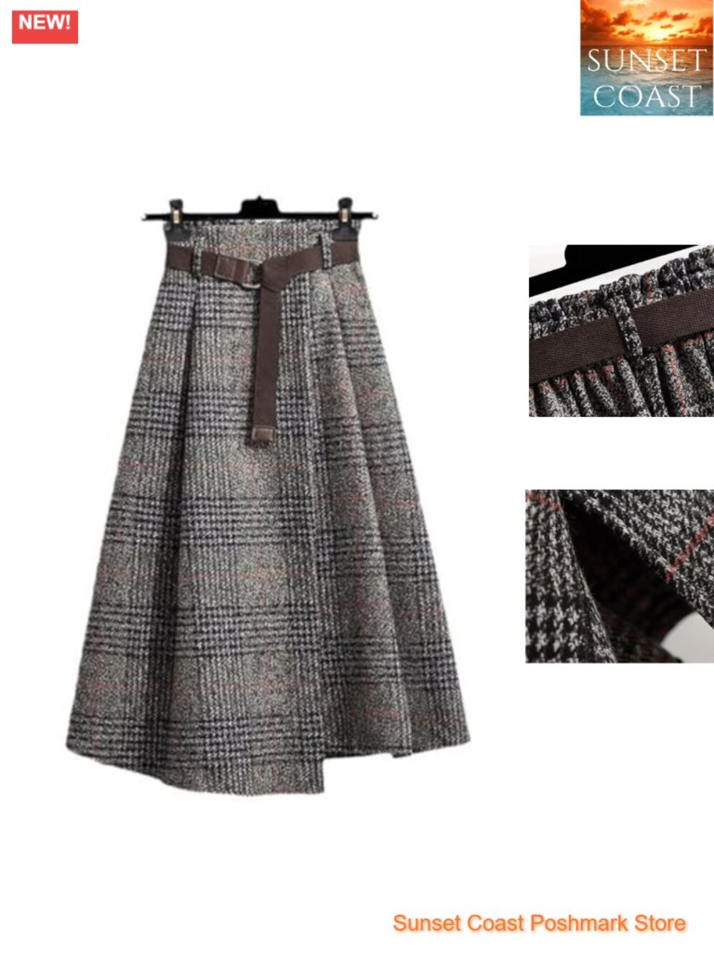 Wool Plaid High Waist A-Line Midi Skirt with Asymmetrical Hem and Slit